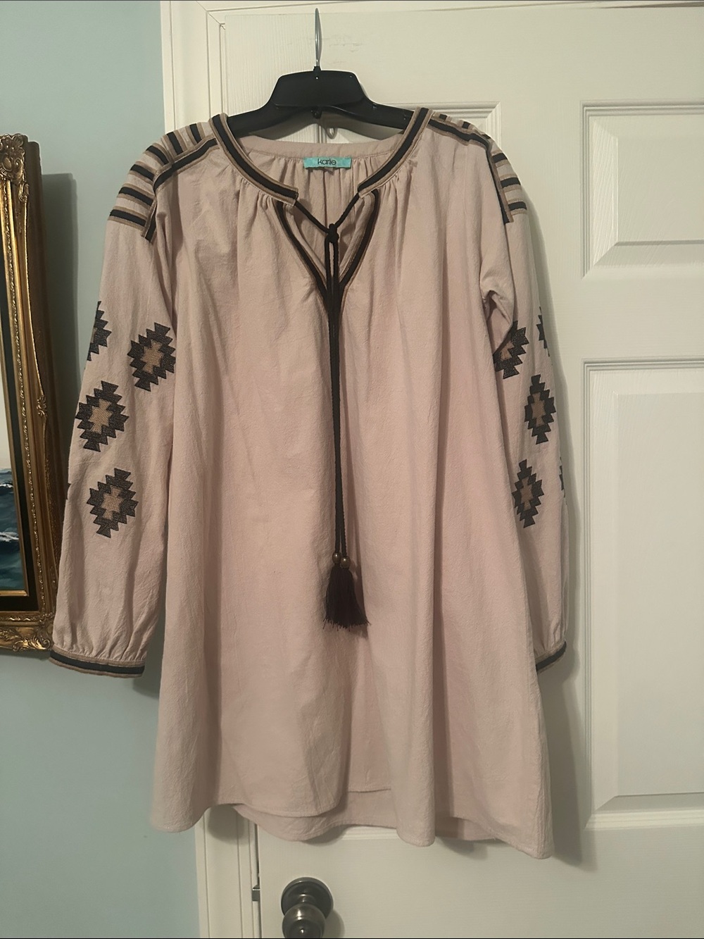 Karlie Beige Tunic Dress with Brown and Black Embroidered Accents